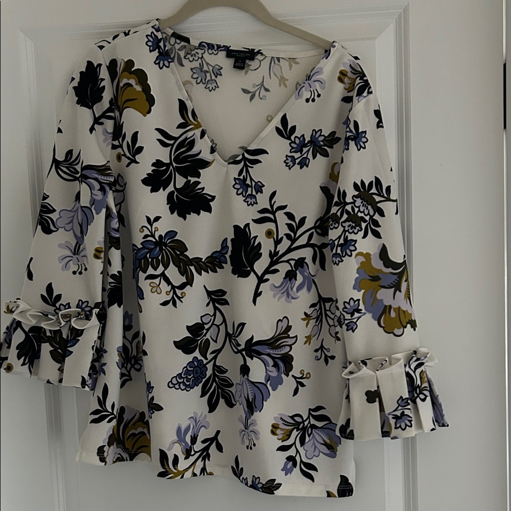 Ann Taylor White Floral V-Neck Blouse with Blue & Olive Accents